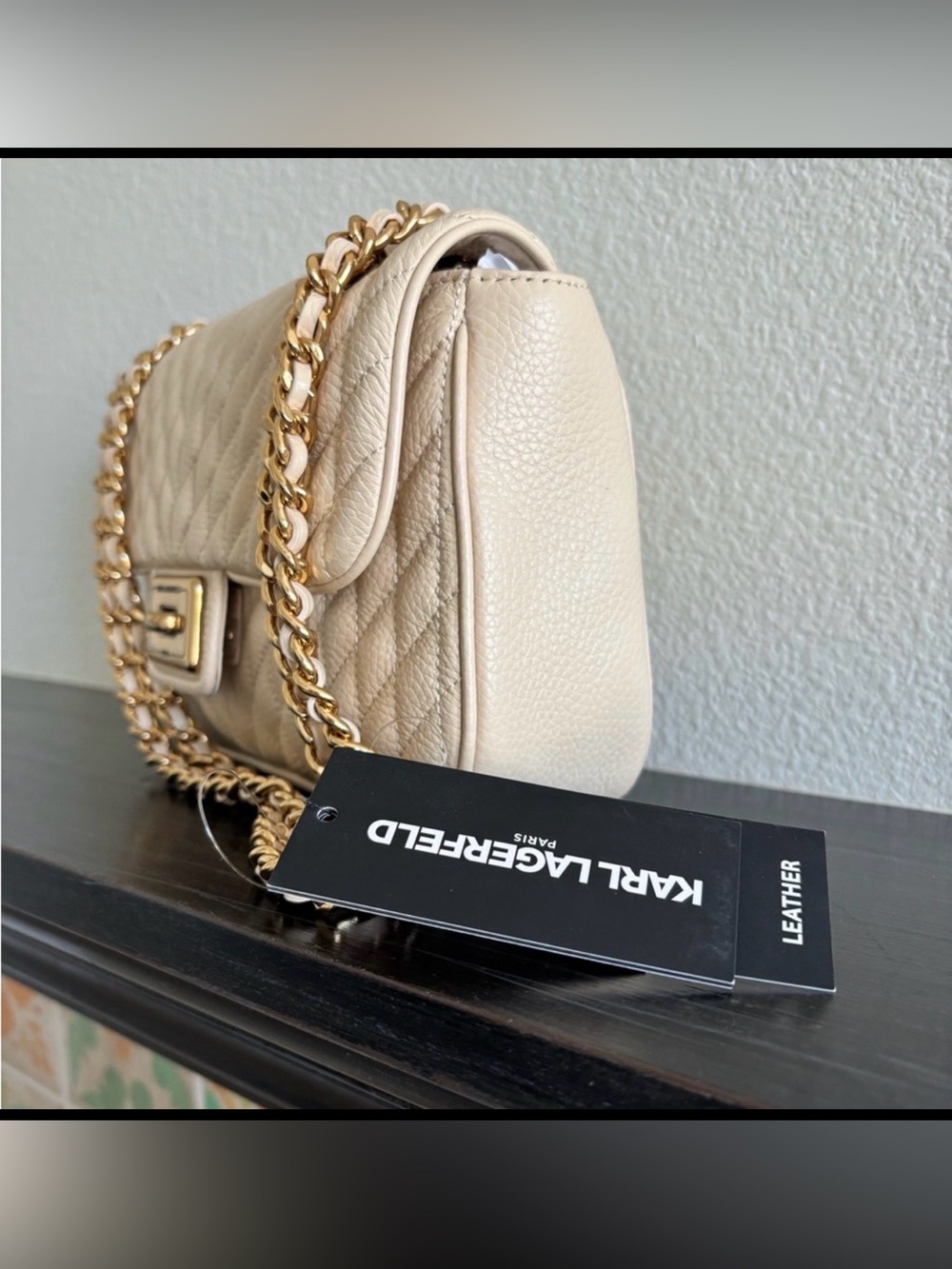 Karl Lagerfeld Quilted Cream Shoulder Bag with Gold Chain - Picture 3 of 9